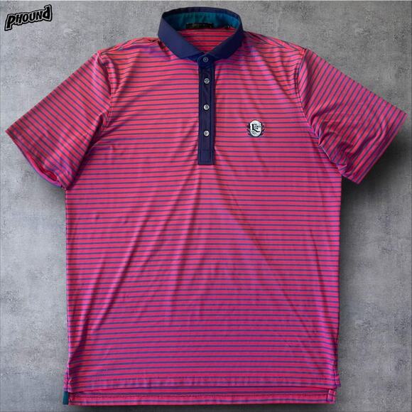 Greyson Polo Shirt Mens Large Pink Blue Stripe Legacy Club Golf Performance - Picture 1 of 10